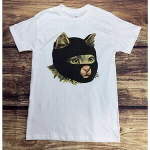 Cat With Ski Mask Graphic White Tshirt Small